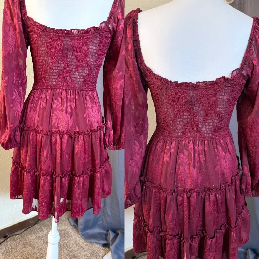 B. Darlin Burgundy Floral Burnout Smocked Tiered Mini Dress Womens 3/4 NWT - Picture 2 of 7